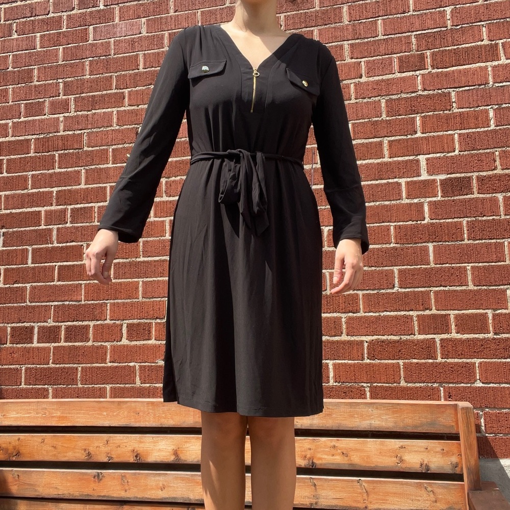 Black Mid Flowy Dress with Strings to Tie Around Waist